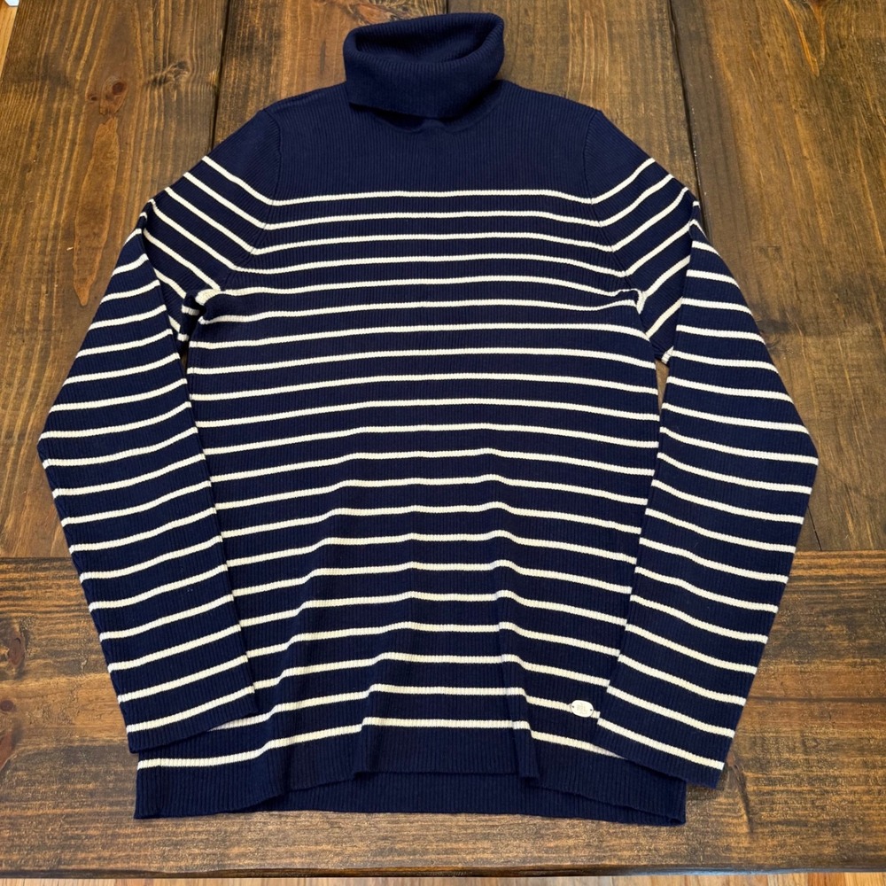 Lauren Ralph Lauren Navy Blue White Striped Ribbed Turtleneck Sweater Womens XL
